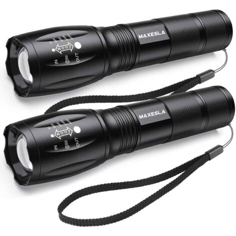 Lampe Torche LED Ultra Puissante, 2000 Lumens Lampe de Poche, IP65 Étanche Lampe Tactique, Zoomable, 5 Modes D'éclairage, Antichoc Anti-dérapant pour Camping Randonnée Urgence, Lot de 2 [Classe énergé