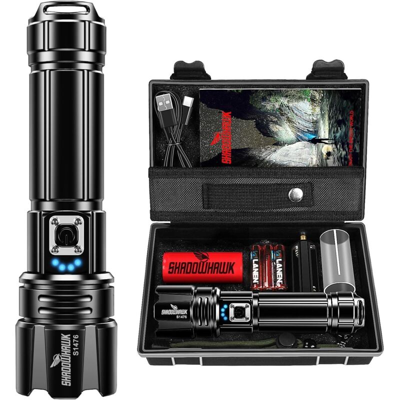 Lampe Torche LED Ultra Puissante, 500000 Lumens Lampe de Poche Rechargeable, Lampe Tactique XHP70.2, IP67 Étanche 5 Modes D'éclairage pour Camping