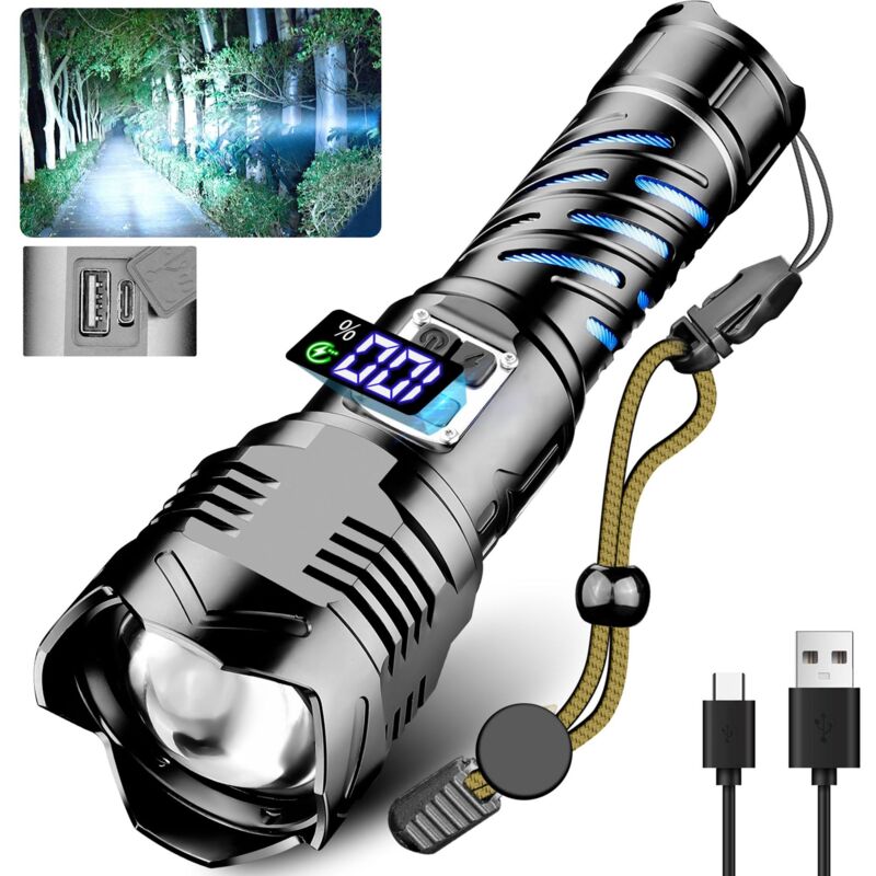 Lampe Torche LED Ultra Puissante, 600000 Lumens Lampe De Poche, Torche LED Puissante Rechargeable, Lampe Torche Puissante, Torche à Haute Luminosité,