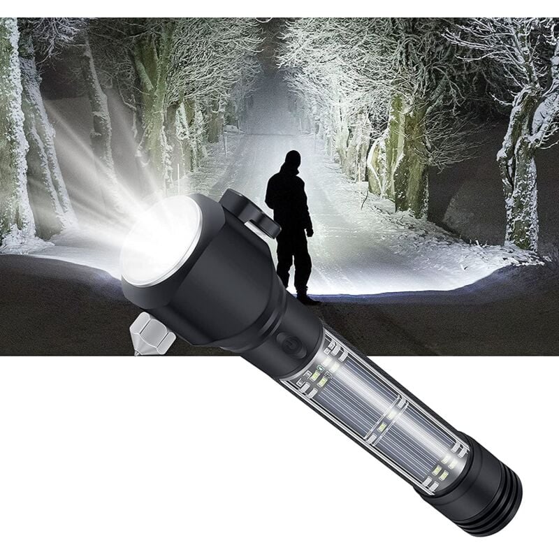 Lampe Torche LED Ultra Puissante avec Fonction de Charge Solaire, peut Charger des Téléphones Portables, avec Boussole, Corne, Lame et Marteau de