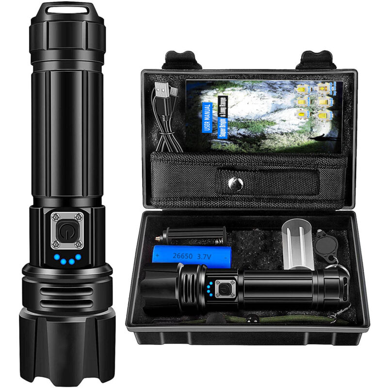 Lampe Torche led Ultra Puissante, Lampe de Poche Rechargeable, IP67 Étanche 5 Modes D'éclairage pour Camping Randonnée Urgence