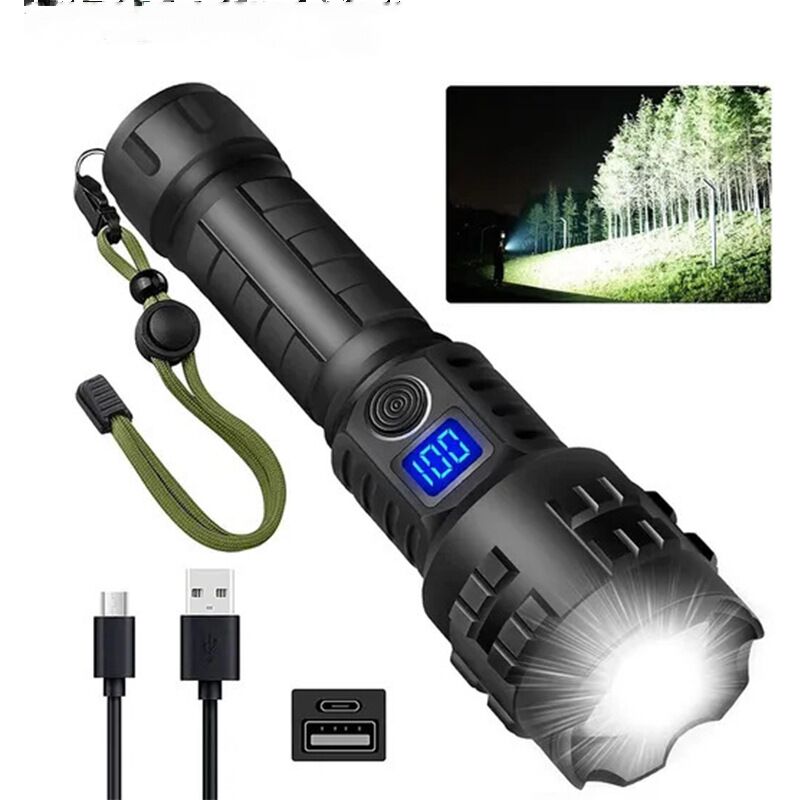 Lampe Torche LED Ultra Puissante, Lampe de Poche Rechargeable,Lampe Torche Puissante et Durable, 2400 lumens, Lampe Torche super lumineuse, Lampe LED