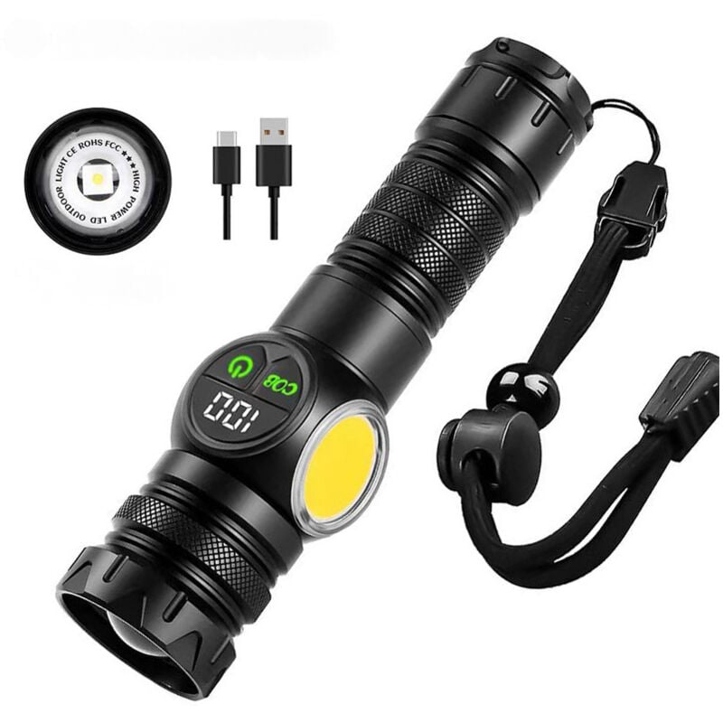 Lampe Torche LED Ultra Puissante, Lampe Torche Rechargeable 2000 Lumens, Lampe de Poche Aimantée avec Affichage Numérique LCD, Feux Latéraux COB, 9
