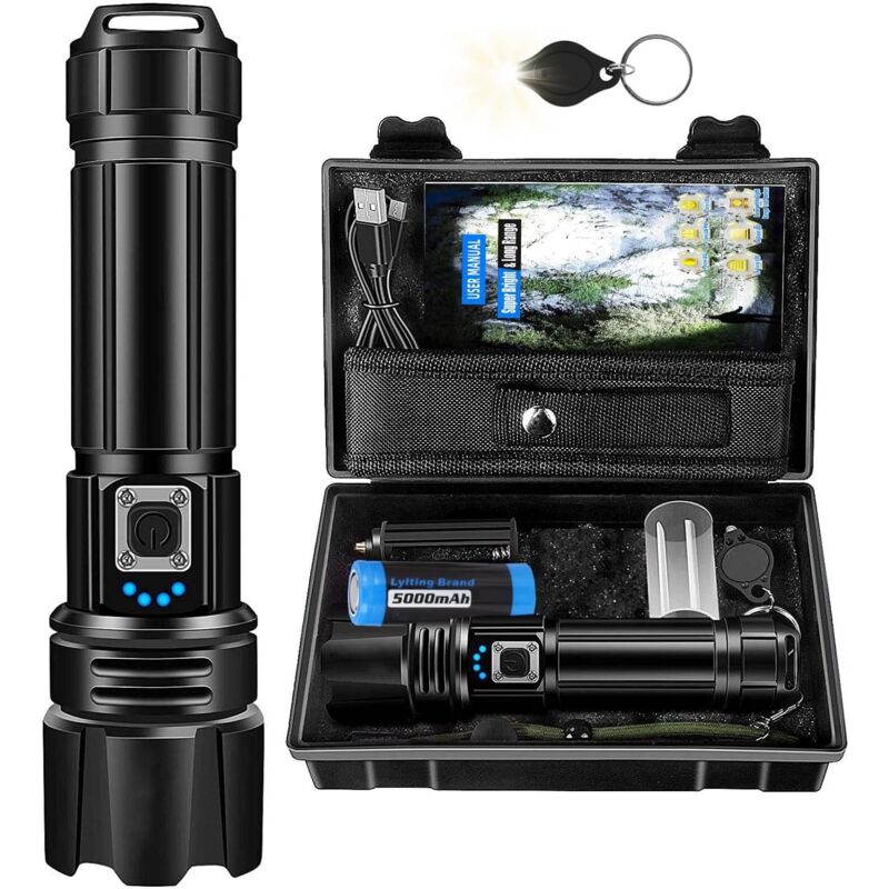 Lampe Torche LED Ultra Puissante,500000 Lumens Lampe de Poche Rechargeable avec Batterie 5000mAh,Zoomable 5 Modes,IP67 Étanche Lampe Torche Tactique