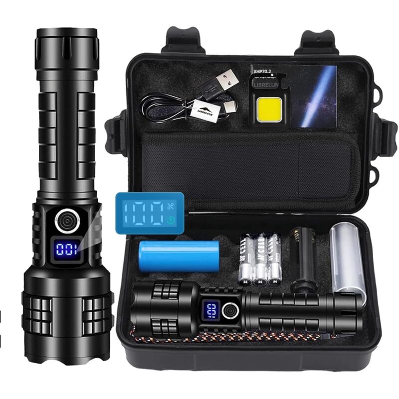 Lampe torche LED 500000 lumens – IP67 étanche – 5 modes d'éclairage – Zoomable – Batterie 5000mA – Autonomie jusqu'à 10h