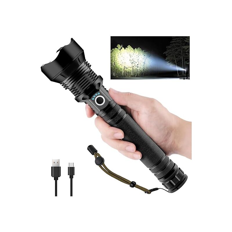 Lampe Torche LED Ultra Puissante,600000 Lumens Lampe de Poche Rechargeable USB Type-C, XHP70.2 Ajustable Zoomable Étanche Torche D'éclairage pour