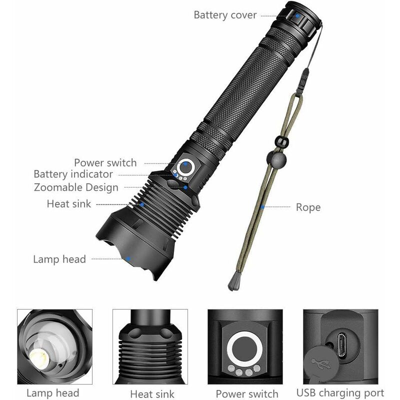 Lampe Torche led Ultra Puissante,Lampe de Poche Rechargeable 90000 Lumens XHP70 Ajustable Zoomable Étanche Torche USB(y compris la batterie) npterbl