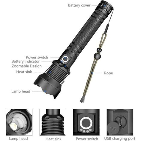 Lampe Torche LED Ultra Puissante,Lampe de Poche Rechargeable 90000 Lumens XHP70 Ajustable Zoomable Étanche Torche USB(y compris la batterie)
