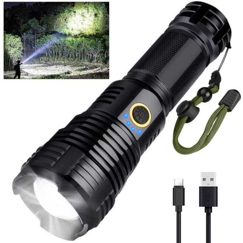 Lampe Torche LED USB Rechargeables 90000 Lumens, XHP70 Zoomable Étanche Puissantes Lampes de Poche 5 Modes avec Indicateur D'alimentation