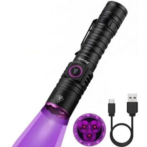 Lampe torche LED UV SV103 15 W 395 nm rechargeable USB C, détecteur d'urine à lumière noire UV Woods pour résine, pêche, scorpion, minéraux, ambre, insectes, avec batterie