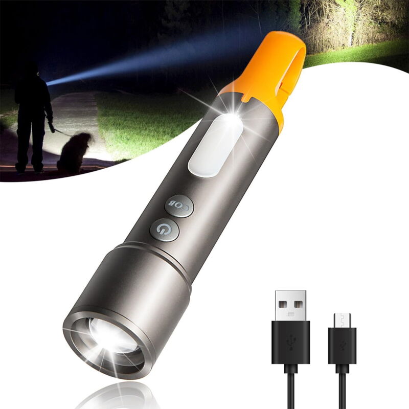 Lampe torche led zoomable avec éclairage latéral cob et crochet, rechargeable, étanche, portable, pour camping, urgence, usage domestique, 9 vitesses