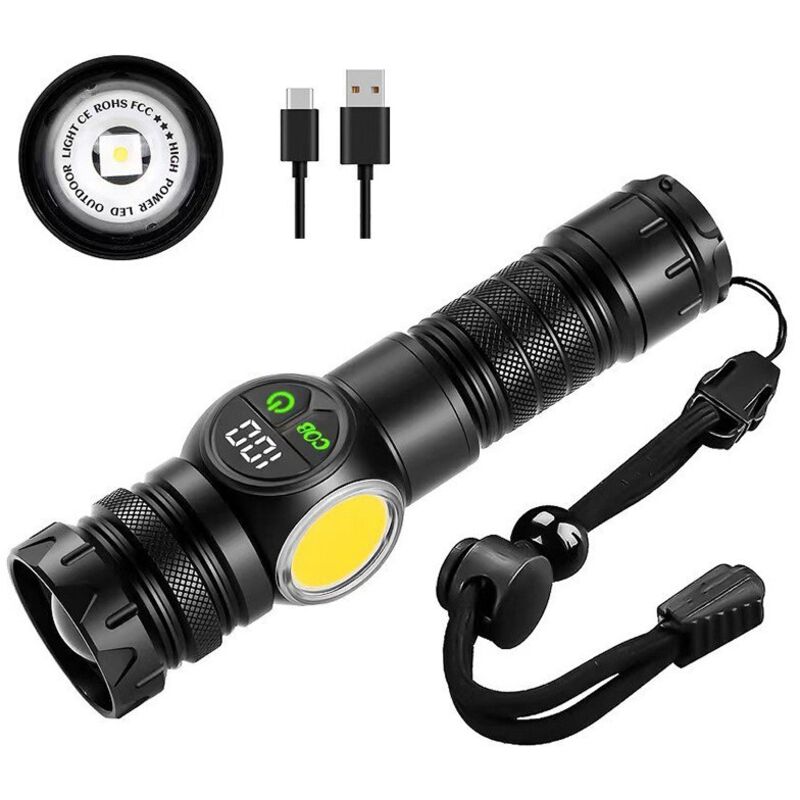 Lampe torche magnétique – Lampe torche LED rechargeable – Lampe torche portable – Noire