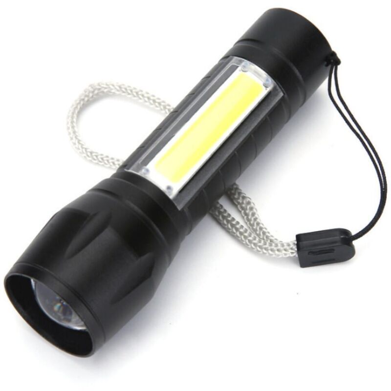 Lampe torche rechargeable LED 1W avec fonction zoom et lanterne latérale, Noir