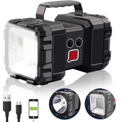Lampe torche rechargeable noire, 1912,516 cm, 1 projecteur LED (XHP50 + 55 LED), 2 batteries au lithium 32650 intégrées, batterie externe.