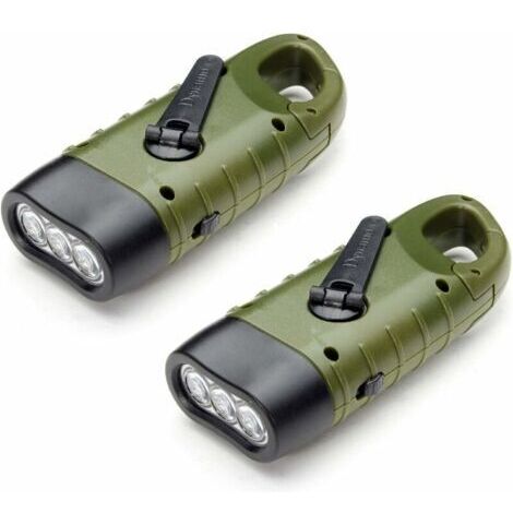 Lampe Torche Solaire Rechargeable - Lot de 2, LED Dynamo Manivelle Flashlight avec Mousqueton, Randonnée Voyage Camping Escalade (Armée Verte)