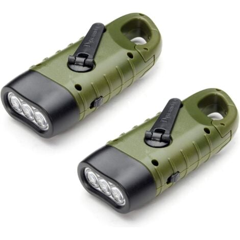 Lampe Torche Solaire Rechargeable(Lot de 2),  LED Lampe dUrgence à Dynamo Manivelle Flashlight avec Mousqueton pour Randonnée Voyage Camping Escalade,Armée Verte
