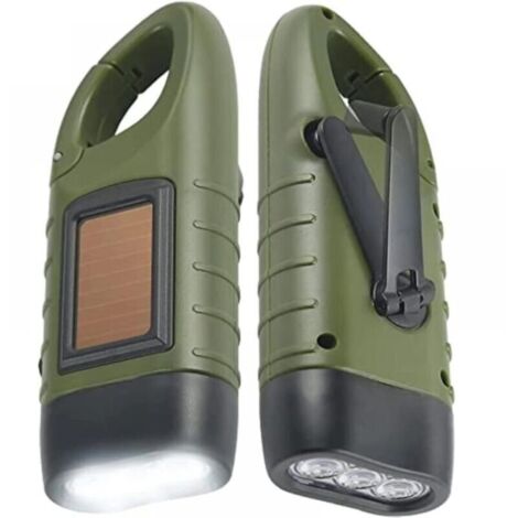 Lampe Torche Solaire Rechargeable(Lot de 2), LED Lampe Urgence à Dynamo Manivelle Flashlight avec Mousqueton pour Randonnée Voyage Camping Escalade,Armée Verte