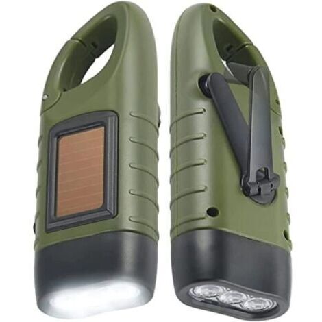 Lampe Torche Solaire Rechargeable(Lot de 2), LED Lampe Urgence à Dynamo Manivelle Flashlight avec Mousqueton pour Randonnée Voyage Camping Escalade,Armée Verte