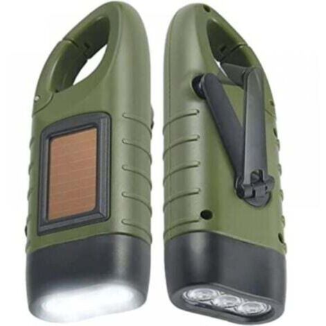Lampe Torche Solaire Rechargeable(Lot de 2), LED Lampe Urgence à Dynamo Manivelle Flashlight avec Mousqueton pour Randonnée Voyage Camping Escalade,Armée Verte
