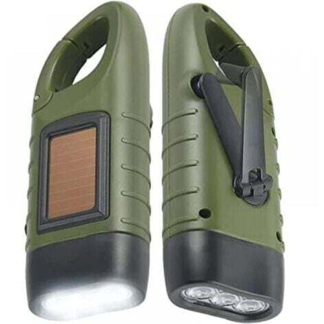 Lampe Torche Solaire Rechargeable(Lot de 2), LED Lampe Urgence à Dynamo Manivelle Flashlight avec Mousqueton pour Randonnée Voyage Camping Escalade,Armée Verte