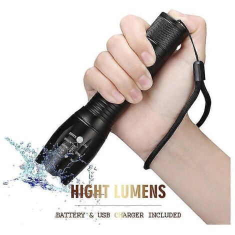 Lampe torche tactique rechargeable, puissance militaire, LED, USB-C - 3 modes + flash - Étanchéité IPX6 - Batterie 18650 - Idéale pour le camping, les activités de plein air et les situations d'urgenc