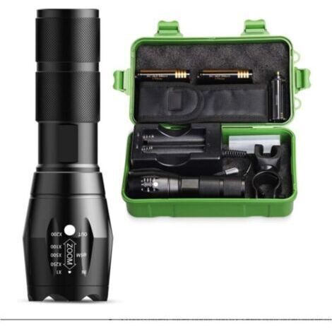 Lampe torche - Torche rechargeable, torches super lumineuses de 2000 lumens avec 2 piles rechargeables et chargeur, 5 modes IP65 étanche (noir)-