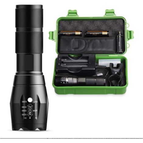Lampe torche - Torche rechargeable, torches super lumineuses de 2000 lumens avec 2 piles rechargeables et chargeur, 5 modes IP65 étanche (noir)-