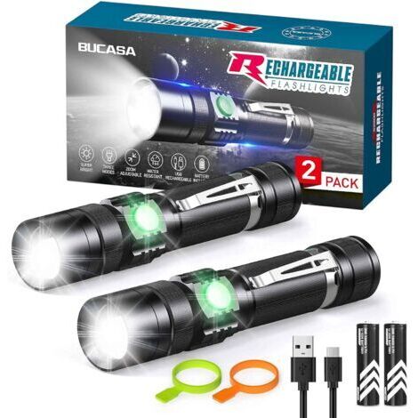 Lampe Torche USB Rechargeable, 2 Pièces Aluminium Ultra Puissante LED Lampe Torche avec Clip et Zoom, IP65 Étanche 4 Modes Torches pour Camping Urgences Randonnée