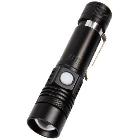 Lampe Torche USB Télescopique, Puissante Lumière Longue Portée, Alliage d'Aluminium T6, Imperméable, Rechargeable USB, Clip Ceinture pour Randonnée/Camping/Vélo, Urgence