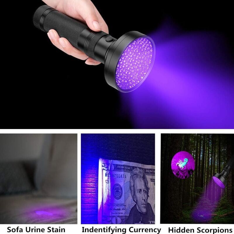 Lampe Torche UV, 100 LEDs Lampe de Poche Lumière Noire 395nm Lampe Ultraviolette Détecteur pour Trouvez Fluorescents, Urine Animale, Taches Tapis,