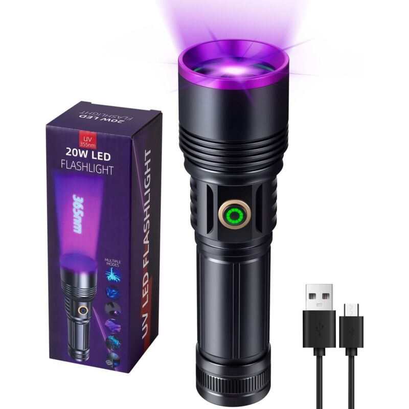 Lampe Torche UV LED 365nm, 20W Puissante Rechargeable USB-C Lampe UV Lumière Noire pour Détection D'urine d'animaux Domestiques, Durcissement de la