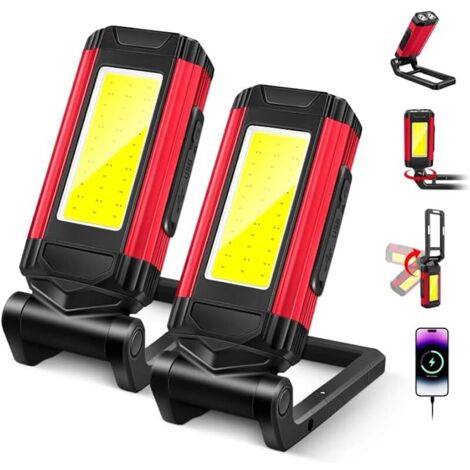 Lampe Travail Led Rechargeable, Baladeuse Led Mecanicien, Lampes d'inspection, Lampe Atelier CoB, Support Rotatif et Crochet Magnétique Pliable, Idéal pour Réparations, Camping Les Urgences, 2 Pièce