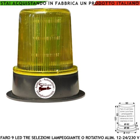 Lampeggiante 9 Led su 3 Steli Selezione Luce Gialla Fissa o Rotante Aliment. 12/24/230 V Montaggio da Palo o Parete Uso Come Monitore su Automatismi o Ripetitore di allarme Cover Metacrilato IP55