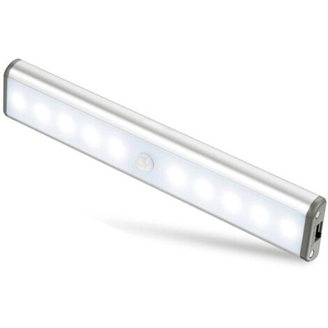 Lampes 10 LED, Sans Fil, Rechargeable par USB, Aimanté, Détecteur de Mouvement, Portable. Lumière de Placard, Baladeuse de Secours, Veilleuse Enfant, Appoint,Argent