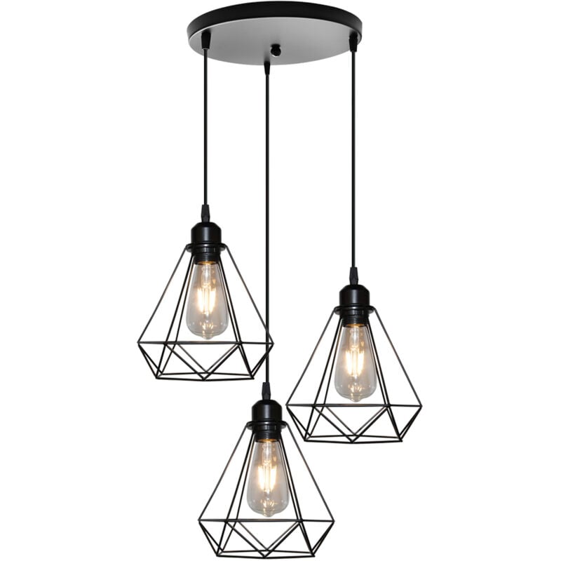 Lampes à Suspension Industrielles Suspension Luminaire Antiques à 3 Lumières E27 Lustre Rétro En Métal Et Fer Plafonnier Vintage En Diamant Noir 20Cm