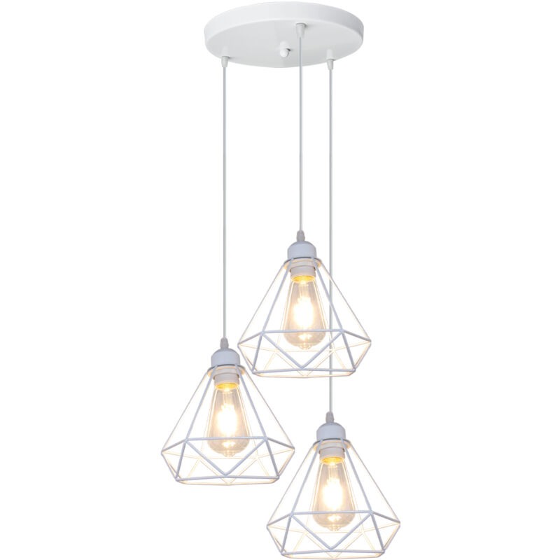 Norcks - Lampes à Suspension Industrielles Suspension Luminaire Antiques à 3 Lumières E27 Lustre Rétro En Métal Plafonnier Vintage En Diamant Blanc