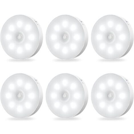 Lampes d'armoire à détecteur de mouvement - Rechargeables, autocollantes, capteur, veilleuses LED à luminosité constante, lot de 6