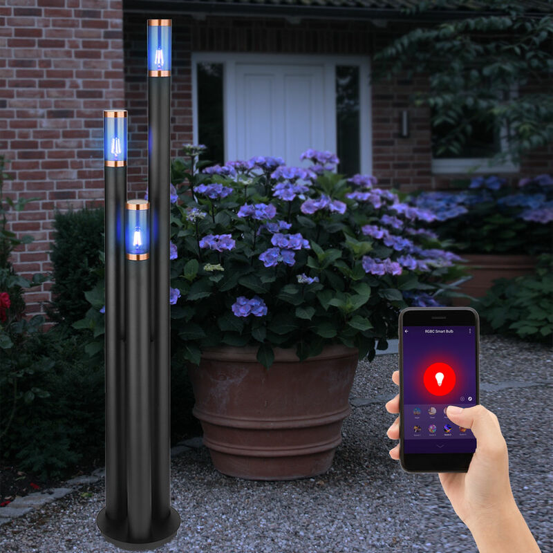 Lampes d'extérieur en acier inoxydable Lampe d'extérieur sur pied Lampe de jardin noire, cuivre fumé, App-Control, 3x Smart rgb led 10W 806Lm, DxH 28
