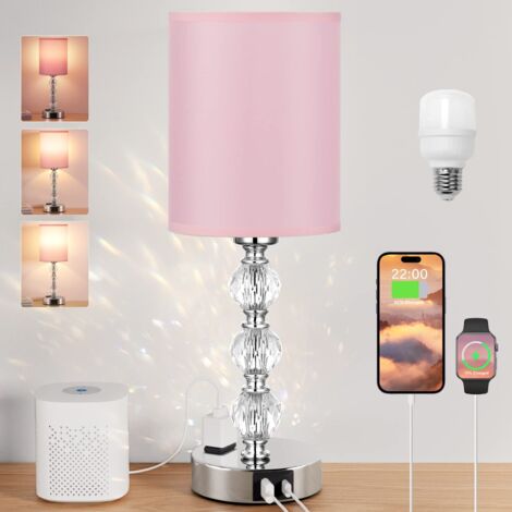 Lampes de chevet Pink Touch pour chambres à coucher - Lampe de table en cristal avec port de chargement USB C+A et prise de courant CA, lampe de table d'appoint argentée à 3 intensités d'éclairage pou