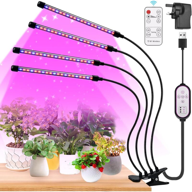 Lampes de croissance pour plantes d'intérieur 80 led Lampe de croissance led à spectre complet à 4 bras avec minuterie, lampe de croissance