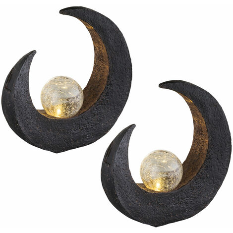 Lampes de jardin extérieur croissant de lune lumière solaire décorative LED lumière solaire lune, boule croissant noir marron, LED, H 30,5 cm, terrasse, lot de 2