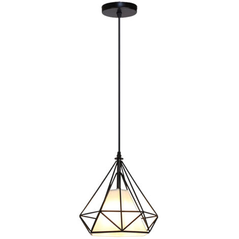 Lampes de Plafond Abat-Jour Lampe Suspension Lustre Cage en Fer Forme Diamant 20cm avec Douille Eclairage Style Industrielle E27 Noir