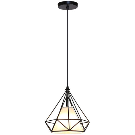Lampes de Plafond Abat-Jour Lampe Suspension Lustre Cage en Fer Forme Diamant 20cm avec Douille Eclairage Style Industrielle E27 Noir
