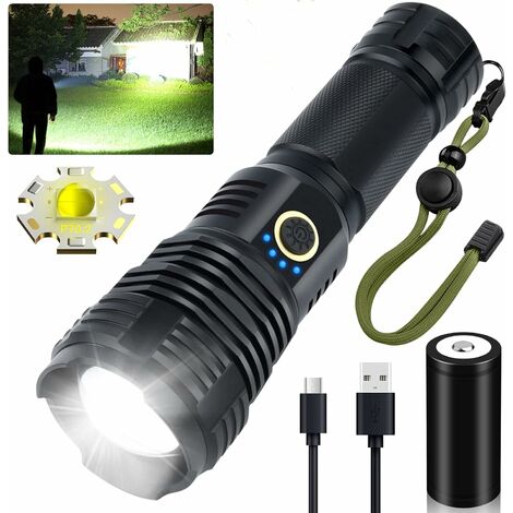 JUNJUN Lampes de poche LED rechargeables à haute luminosité, 90000 lumens Lampes de poche tactiques super lumineuses, Xhp70.2 Zoomable Lampe de poche étanche 5 modes pour le camping, la randonnée, l'extérieur, les urgences (avec batterie 26650)