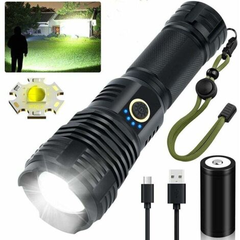 Lampes de poche LED rechargeables à haute luminosité, 90000 lumens Lampes de poche tactiques super lumineuses, Xhp70.2 Zoomable Lampe de poche étanche 5 modes pour le camping, la randonnée, l'extérieu
