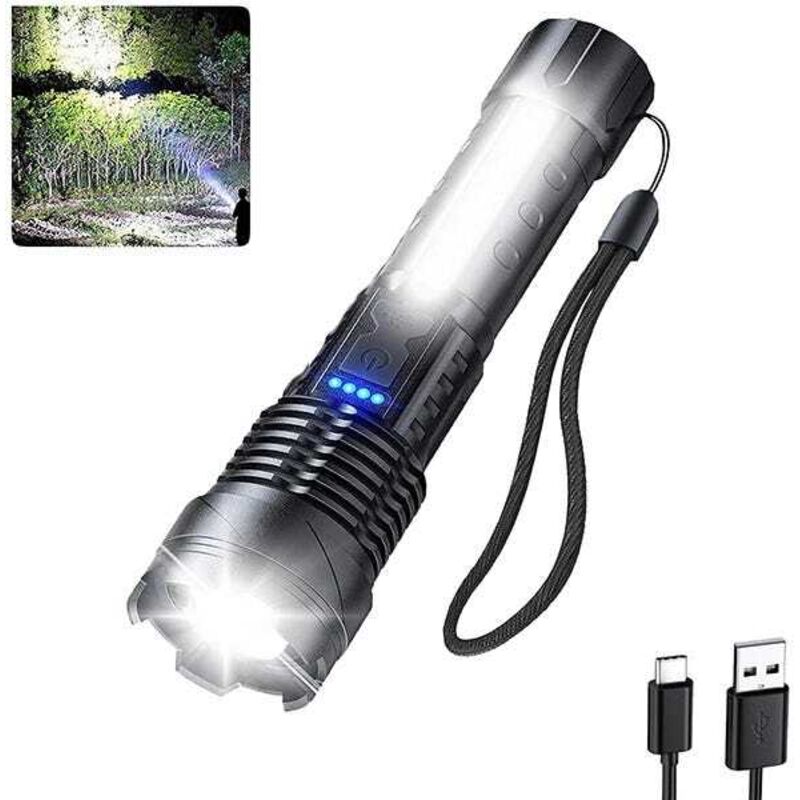 Lampes de poche rechargeables 1 pièce, lampe de poche tactique LED alimentée par batterie, lumière latérale Cob, USB C, étanche