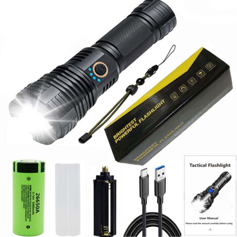 Lampes de poche rechargeables, lampe de poche LED haute puissance, lampe de poche tactique puissante XHP70.2 avec zoom, 5 modes, IPX7 étanche, lampe de poche pour le camping, la randonnée, les urgence