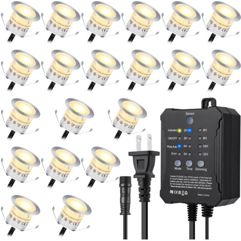 Lampes de sol enterrées encastrées lot de 20, IP67 étanches dimmables avec capteur lumineux et minuterie pour terrasse jardin extérieur