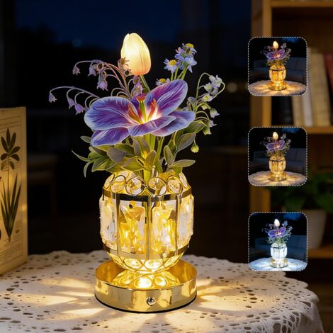 Lampes de table, 3 couleurs - Lampe tulipe à intensité variable - Vase en cristal tactile - Lampe de chevet rechargeable - Fleurs artificielles - Décoration - Cadeau pour les femmes et les [Classe éne