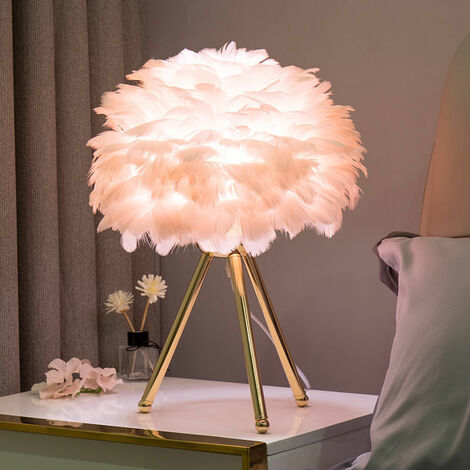 Lampes de table de chevet, lampe de bureau plume rose trépied pour chambres/salon/chambre d'enfants